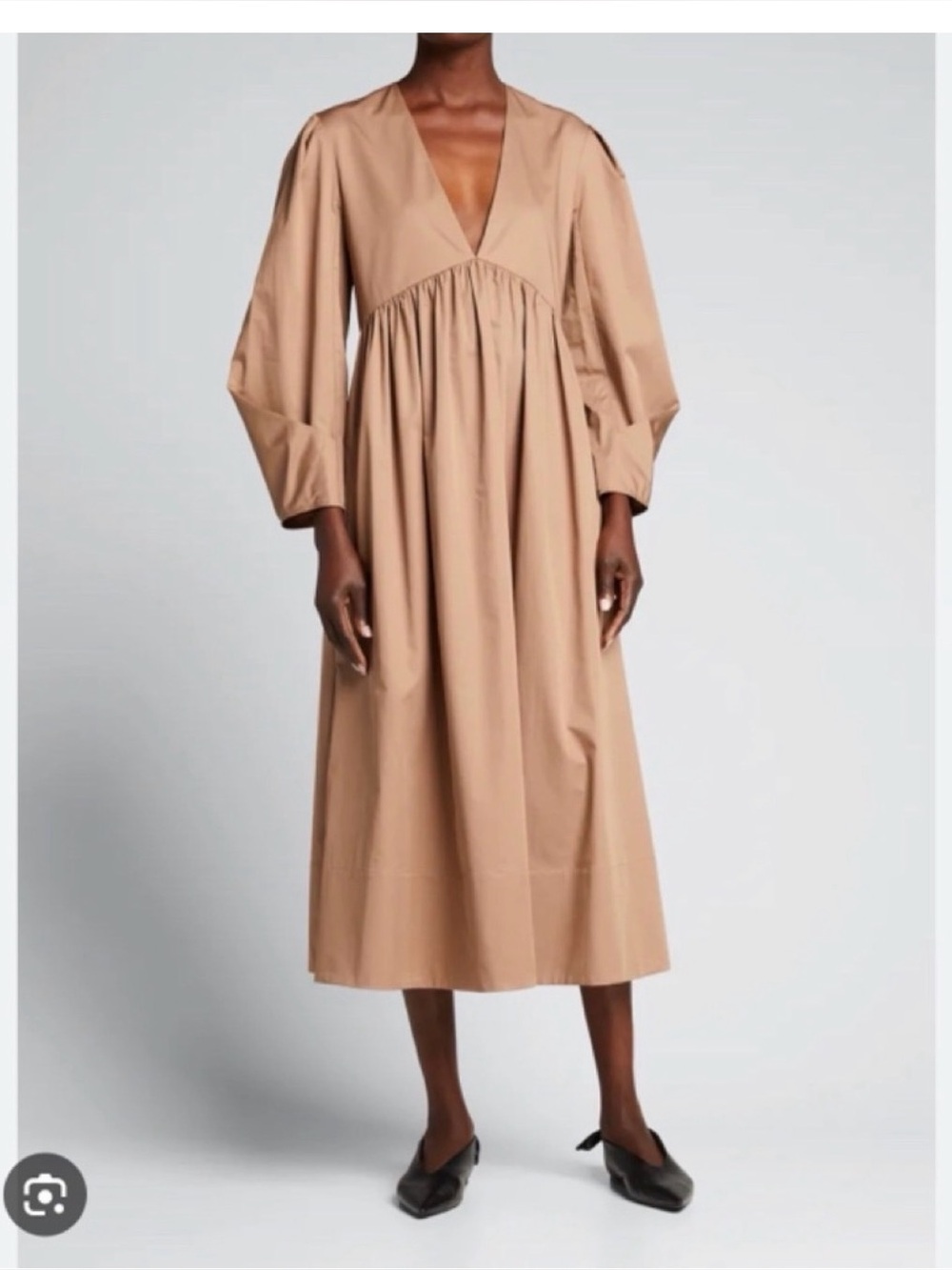 Tibi Eco-Poplin V-Neck Dress with Pleated Sleeves